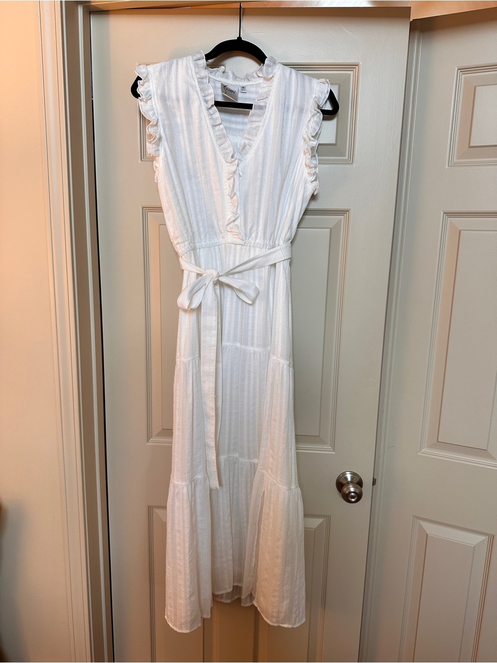Finley White Ruffle V-Neck Tie-Waist Maxi Dress